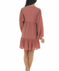 Flying Tomato Vintage Rose Textured Puff Sleeve Lace Dress Dresses