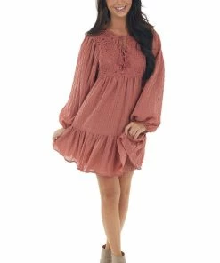Flying Tomato Vintage Rose Textured Puff Sleeve Lace Dress Dresses