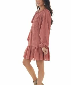 Flying Tomato Vintage Rose Textured Puff Sleeve Lace Dress Dresses