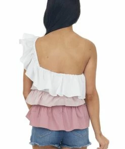 Eesome Tops Vintage Rose Tiered One Shoulder Ruffle Top