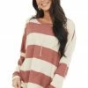 7th Ray Tops Vintage Rust And Cream Striped Drop Shoulder Long Sleeve Top