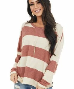 7th Ray Tops Vintage Rust And Cream Striped Drop Shoulder Long Sleeve Top