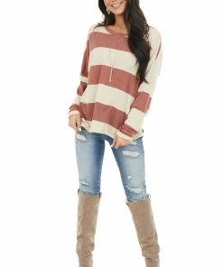 7th Ray Tops Vintage Rust And Cream Striped Drop Shoulder Long Sleeve Top