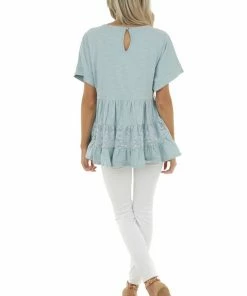 Umgee Vintage Seafoam Drop Waist Tiered Knit Top With Lace Detail 21 Umgee Vintage Seafoam Drop Waist Tiered Knit Top With Lace Detail