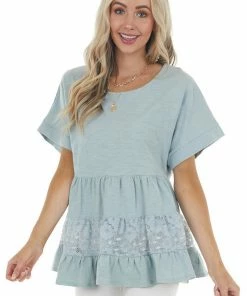 Umgee Vintage Seafoam Drop Waist Tiered Knit Top With Lace Detail