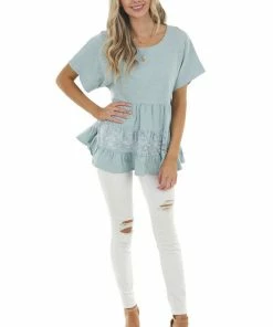 Umgee Vintage Seafoam Drop Waist Tiered Knit Top With Lace Detail 19 Umgee Vintage Seafoam Drop Waist Tiered Knit Top With Lace Detail