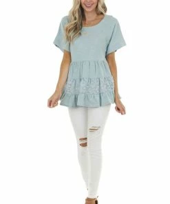 Umgee Vintage Seafoam Drop Waist Tiered Knit Top With Lace Detail 18 Umgee Vintage Seafoam Drop Waist Tiered Knit Top With Lace Detail