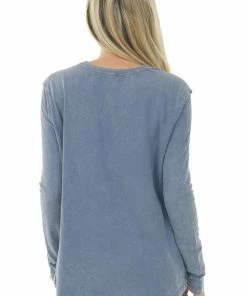 Easel Vintage Slate Blue Long Sleeve Crew Neck Top