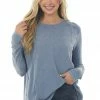 Easel Vintage Slate Blue Long Sleeve Crew Neck Top