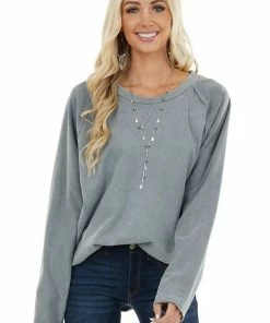 Umgee Grey Mineral Wash Long Sleeve Top With Raw Edge Details Tops