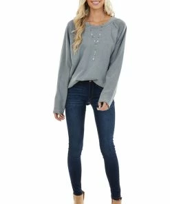 Umgee Grey Mineral Wash Long Sleeve Top With Raw Edge Details Tops
