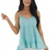 Umgee Vintage Teal Sleeveless Tiered Knit Top With V Neckline