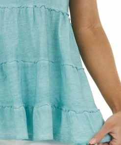 Umgee Vintage Teal Sleeveless Tiered Knit Top With V Neckline