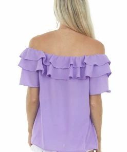 Vine & Love Tops Violet Purple Off The Shoulder Ruffled Blouse