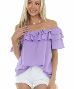 Vine & Love Tops Violet Purple Off The Shoulder Ruffled Blouse