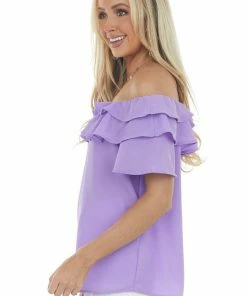 Vine & Love Tops Violet Purple Off The Shoulder Ruffled Blouse