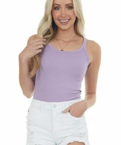 La Miel Violet Ribbed Knit Scoop Neck Tank Top Tops