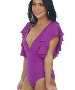 Davi & Dani Violet Ruffle Sleeve Plunging Neck Swimsuit Accessories