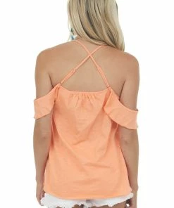 Umgee Vivid Melon Ruffle Cold Shoulder Knit Tank Top 12 Umgee Vivid Melon Ruffle Cold Shoulder Knit Tank Top
