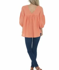 Ces Femme Vivid Salmon Textured V Neck Babydoll Top