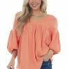 Ces Femme Vivid Salmon Textured V Neck Babydoll Top