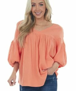 Ces Femme Vivid Salmon Textured V Neck Babydoll Top