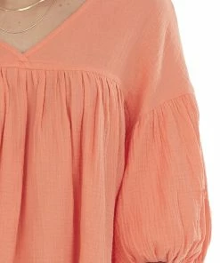 Ces Femme Vivid Salmon Textured V Neck Babydoll Top