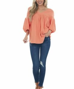 Ces Femme Vivid Salmon Textured V Neck Babydoll Top