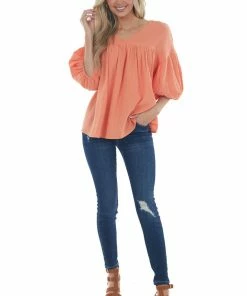 Ces Femme Vivid Salmon Textured V Neck Babydoll Top
