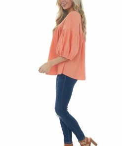 Ces Femme Vivid Salmon Textured V Neck Babydoll Top