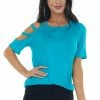 BiBi Tops Vivid Sea Blue One Caged Sleeve Soft Short Sleeve Knit Top 2 BiBi Tops Vivid Sea Blue One Caged Sleeve Soft Short Sleeve Knit Top