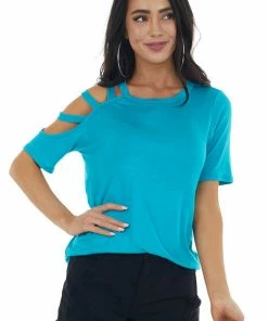 BiBi Tops Vivid Sea Blue One Caged Sleeve Soft Short Sleeve Knit Top