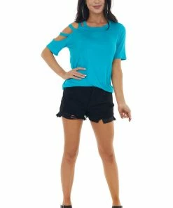 BiBi Tops Vivid Sea Blue One Caged Sleeve Soft Short Sleeve Knit Top