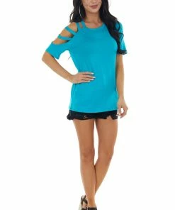 BiBi Tops Vivid Sea Blue One Caged Sleeve Soft Short Sleeve Knit Top