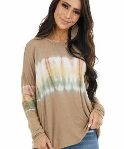 FSL APPAREL Walnut And Ivory Long Sleeve Top With Tie Dye Detail Tops
