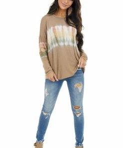FSL APPAREL Walnut And Ivory Long Sleeve Top With Tie Dye Detail Tops