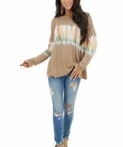 FSL APPAREL Walnut And Ivory Long Sleeve Top With Tie Dye Detail Tops