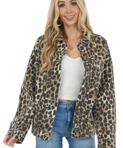 BiBi Walnut Leopard Print Button Up Jacket With Chest Pockets Outerwear