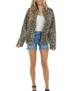 BiBi Walnut Leopard Print Button Up Jacket With Chest Pockets Outerwear