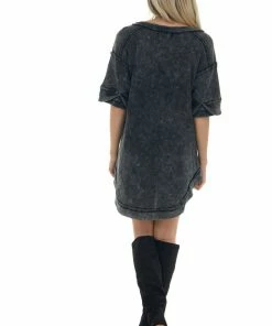 BiBi Washed Black Button Up Rounded Hem Thermal Top Tops