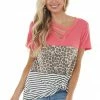 HEIMISH Watermelon Contrast Multiprint V Neck Short Sleeve Knit Top Tops