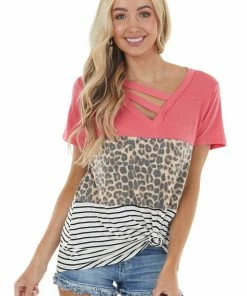 HEIMISH Watermelon Contrast Multiprint V Neck Short Sleeve Knit Top Tops
