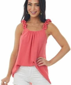 FSL APPAREL Tops Watermelon Elastic Ruffle Strap Woven Tank Top
