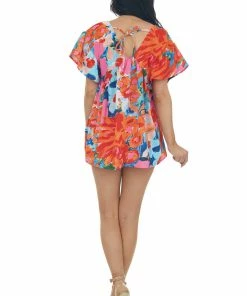 Entro Tops Watermelon Floral Babydoll Ruffle Sleeve Top
