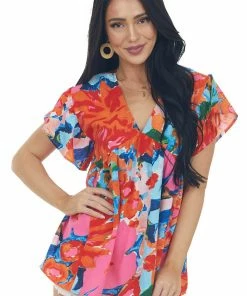 Entro Tops Watermelon Floral Babydoll Ruffle Sleeve Top