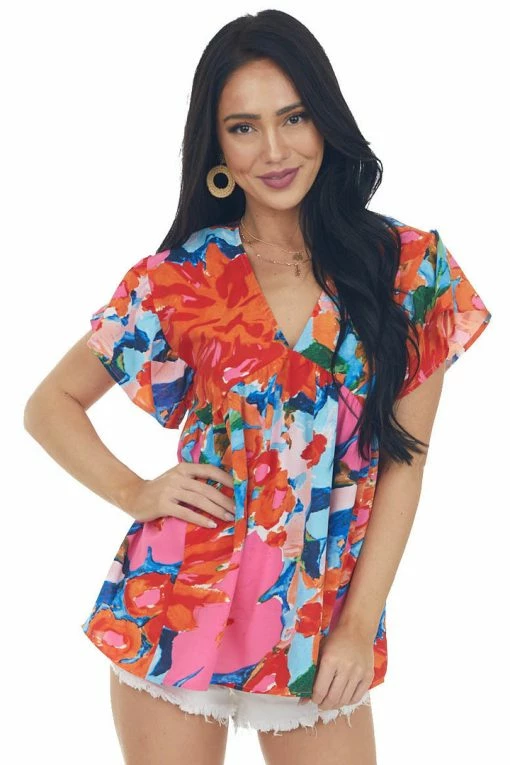 Entro Tops Watermelon Floral Babydoll Ruffle Sleeve Top 5 Entro Tops Watermelon Floral Babydoll Ruffle Sleeve Top