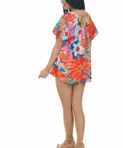 Entro Tops Watermelon Floral Babydoll Ruffle Sleeve Top