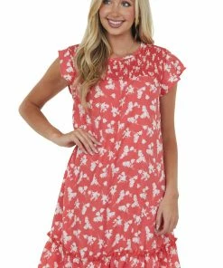 CY Fashion Watermelon Floral Print Smocked Yoke Short Dress