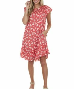 CY Fashion Watermelon Floral Print Smocked Yoke Short Dress