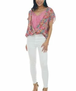 Staccato Watermelon Floral Print Surplice Blouse